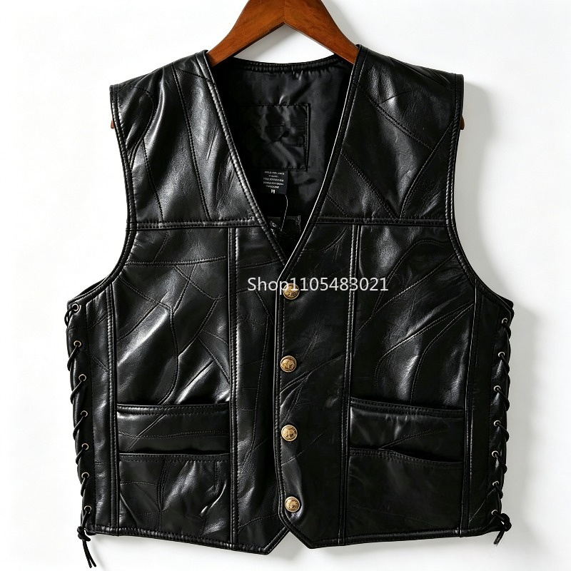Motorcycle Gear Vest - Мужской черный кожаный жилет в стиле